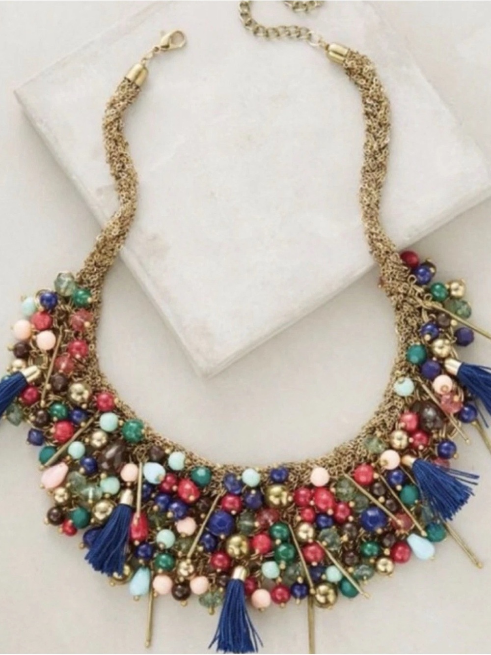 Anthropologie Roya Statement Necklace Boho Multi Color Beaded Tassel Bib Gold